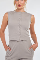 Soft Rib Sleeveless Top with Trousers Co-Ord Set in Dove Grey