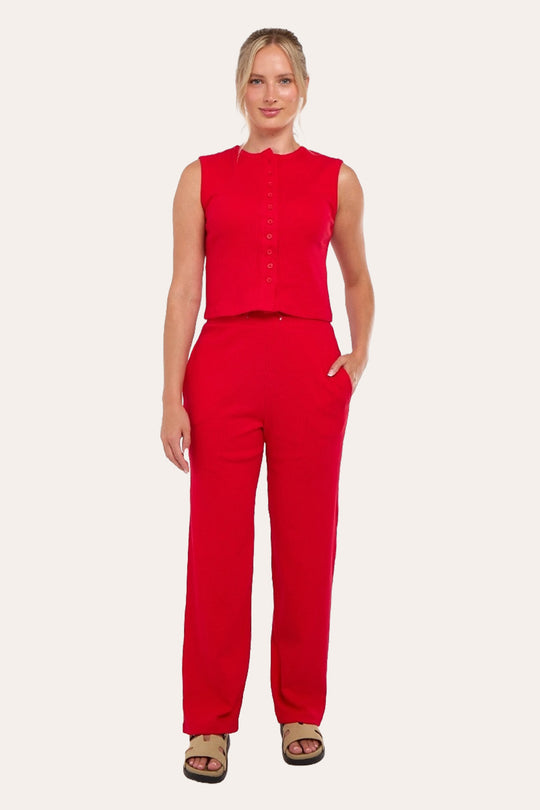 Soft Rib Sleeveless Top with Trousers Co-Ord Set in Red