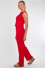 Soft Rib Sleeveless Top with Trousers Co-Ord Set in Red