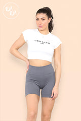 Thick Ribbed High Waisted Cycling Shorts Gym Shorts in Grey front 2