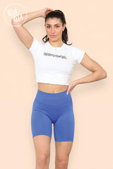 Model wearing high waisted royal blue scrunch bum shorts