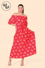 Floral Bardot Puff Sleeve Belted Maxi Dress in Red Detail