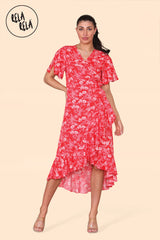 Floral Frill Wrap Midi Dress in Red