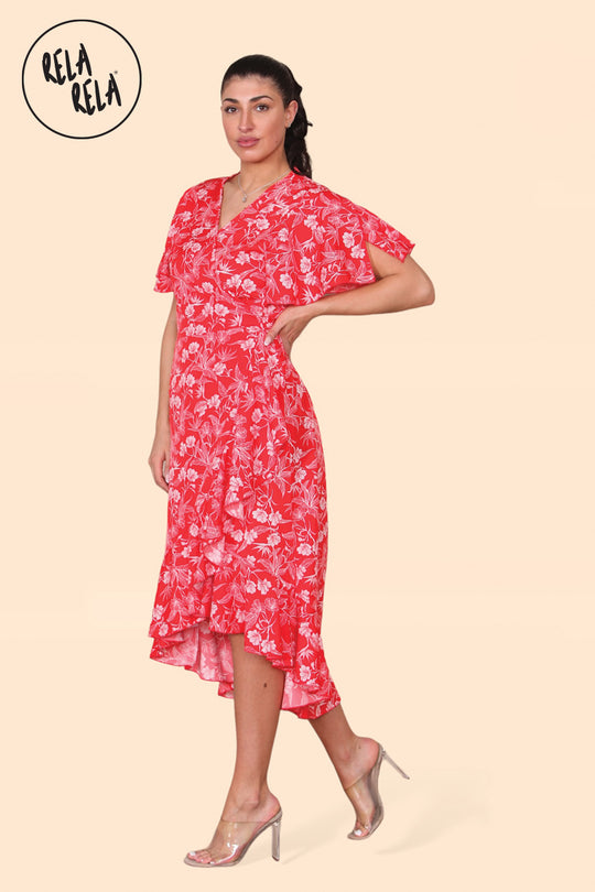 Floral Frill Wrap Midi Dress in Red