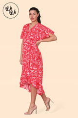 Floral Frill Wrap Midi Dress in Red