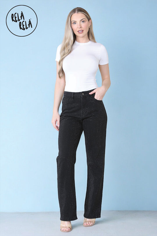 Classic High-Waist Rhinestone Detailed Straight Leg Jeans in Black