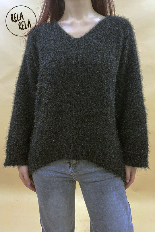 Super Soft Cosy V Neck Drop Shoulder Black Jumper