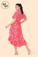 Floral Frill Wrap Midi Dress in Red