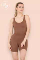 Square Neck Thick Ribbed Romper in Chocolate front