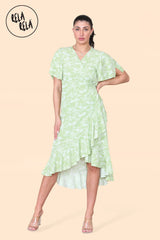 Floral Frill Wrap Midi Dress in Green front
