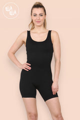 Square Neck Thick Ribbed Romper in Black front