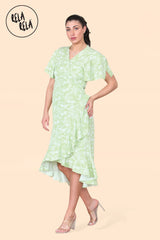 Floral Frill Wrap Midi Dress in Green side