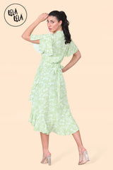 Floral Frill Wrap Midi Dress in Green back