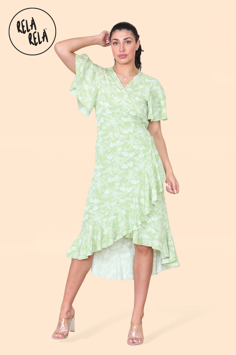 Floral Frill Wrap Midi Dress in Green Floral Frill Wrap Midi Dress in Green