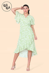 Floral Frill Wrap Midi Dress in Green front 2
