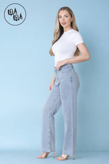 Classic High-Waist Rhinestone Detailed Straight Leg Denim Blue side