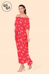 Floral Bardot Puff Sleeve Belted Maxi Dress in Red Side