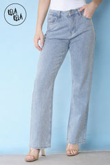 Classic High-Waist Rhinestone Detailed Straight Leg Denim Blue detail