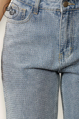 Classic High-Waist Rhinestone Detailed Straight Leg Jeans in Denim Blue