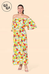 Floral Off Shoulder Maxi Dress with Frilled Hem in Yellow front 2