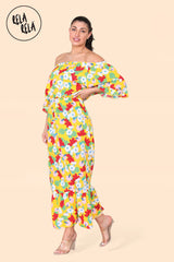 Floral Off Shoulder Maxi Dress with Frilled Hem in Yellow front