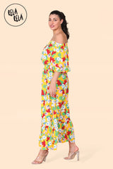Floral Off Shoulder Maxi Dress with Frilled Hem in Yellow side