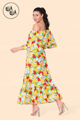 Floral Off Shoulder Maxi Dress with Frilled Hem in Yellow back