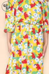 Floral Off Shoulder Maxi Dress with Frilled Hem in Yellow