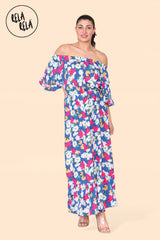 Floral Off Shoulder Maxi Dress with Frilled Hem in Navy front 3