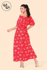 Floral Bardot Puff Sleeve Belted Maxi Dress in Red Back