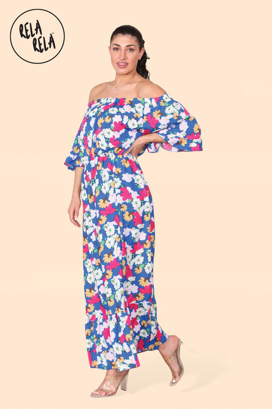 Floral Off Shoulder Maxi Dress with Frilled Hem in Navy