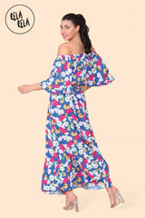Floral Off Shoulder Maxi Dress with Frilled Hem in Navy back