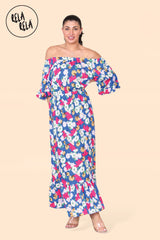 Floral Off Shoulder Maxi Dress with Frilled Hem in Navy front 2