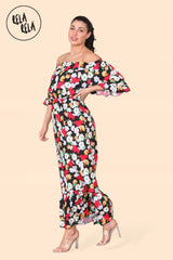 Floral Off Shoulder Maxi Dress with Frilled Hem in Black side