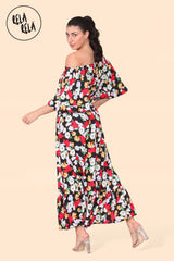 Floral Off Shoulder Maxi Dress with Frilled Hem in Black back