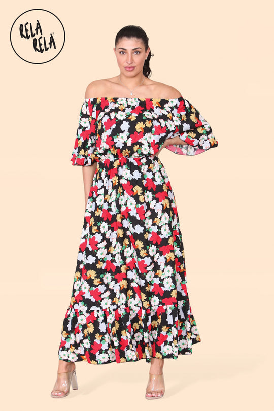 Floral Off Shoulder Maxi Dress with Frilled Hem in Black