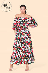 Floral Off Shoulder Maxi Dress with Frilled Hem in Black front