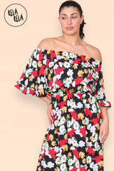 Floral Off Shoulder Maxi Dress with Frilled Hem in Black detailed