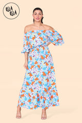 Floral Off Shoulder Maxi Dress with Frilled Hem in Blue Detailed