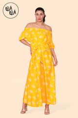 Floral Bardot Puff Sleeve Belted Maxi Dress in Yellow Front