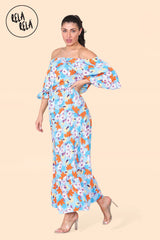 Floral Off Shoulder Maxi Dress with Frilled Hem in Blue front