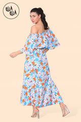 Floral Off Shoulder Maxi Dress with Frilled Hem in Blue Back