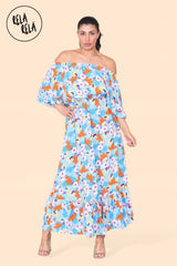 Floral Off Shoulder Maxi Dress with Frilled Hem in Blue front 2
