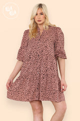 Leopard Print Button Front Three Quarter Puff Sleeve Dress in Pink front