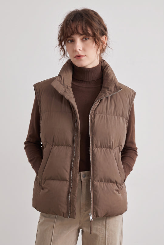 Padded Stand Collar Puffer Gilet in Brown