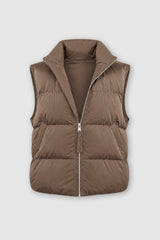 Flat lay of the RELA RELA Brown padded puffer gilet, showing the stand collar, full zip fastening, quilted panels and pockets.