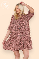 Leopard Print Button Front Three Quarter Puff Sleeve Dress in Pink front 2