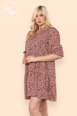 Leopard Print Button Front Three Quarter Puff Sleeve Dress in Pink side