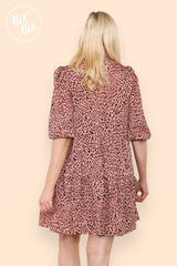 Leopard Print Button Front Three Quarter Puff Sleeve Dress in Pink back