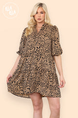 Leopard Print Button Front Three Quarter Puff Sleeve Dress in Brown front